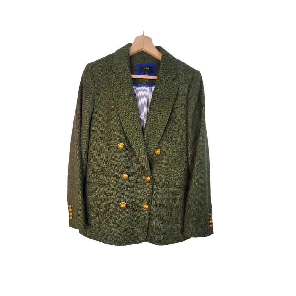 J Crew Bristol Double Breasted Blazer Herringbone English Wool Green Gold Size 6 - Picture 2 of 10